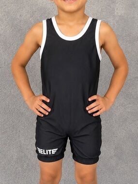 Elite Sports Black Kids Wresling Singlet with White Trim